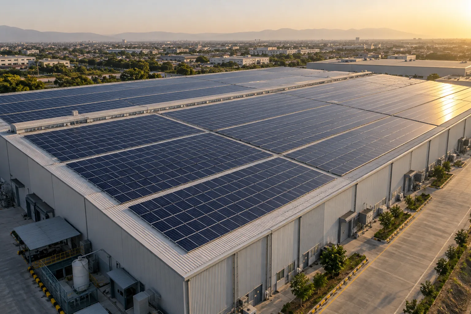 Illustrative large industrial roof with parallel rows of solar panels
